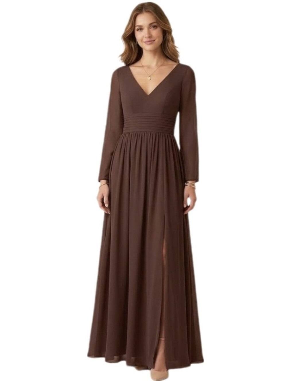 TS Couture Dress Deep V-Neck Elegant Chiffon Overlay Maxi Chocolate Brown Size M